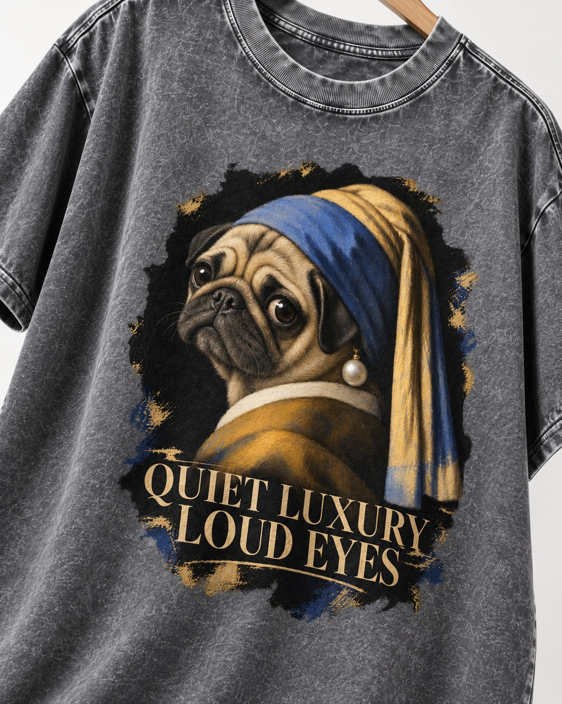 Pug Quiet Luxury Loud Eyes Pearl Portrait Graphic Washed Tee in Gray, close-up of the graphic