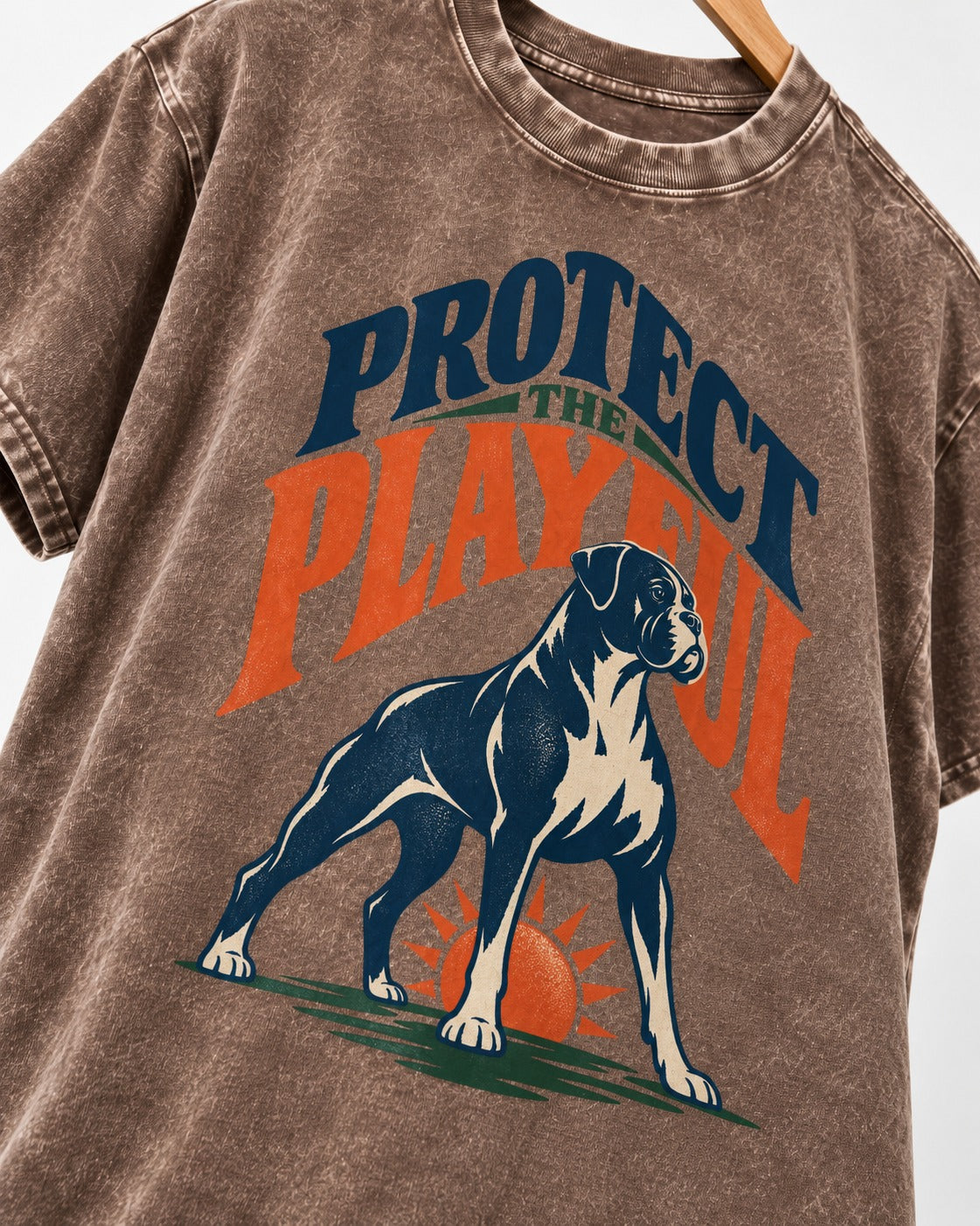 Protect the Playful Boxer Washed Tee in Coffee, close-up of the graphic