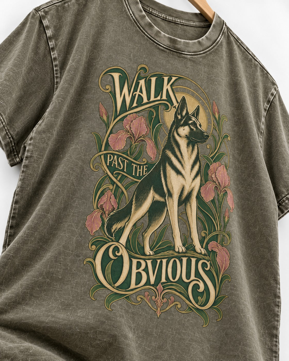 Walk Past The Obvious Art Nouveau German Shepherd Dog Graphic Washed Tee in Army Green, close-up of the graphic