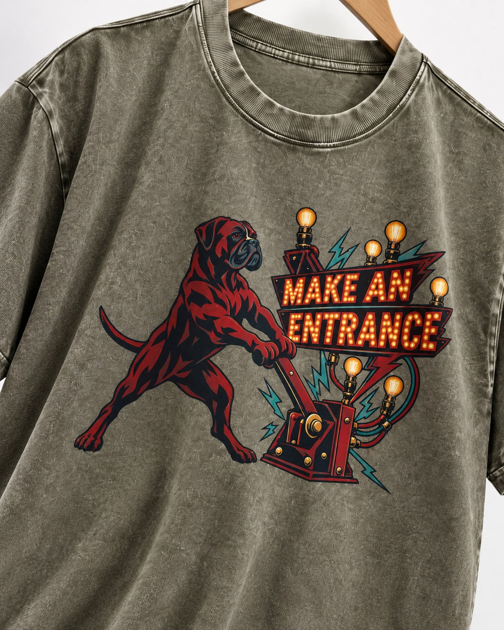Boxer Make an Entrance Washed Tee in Army Green, close-up of the graphic