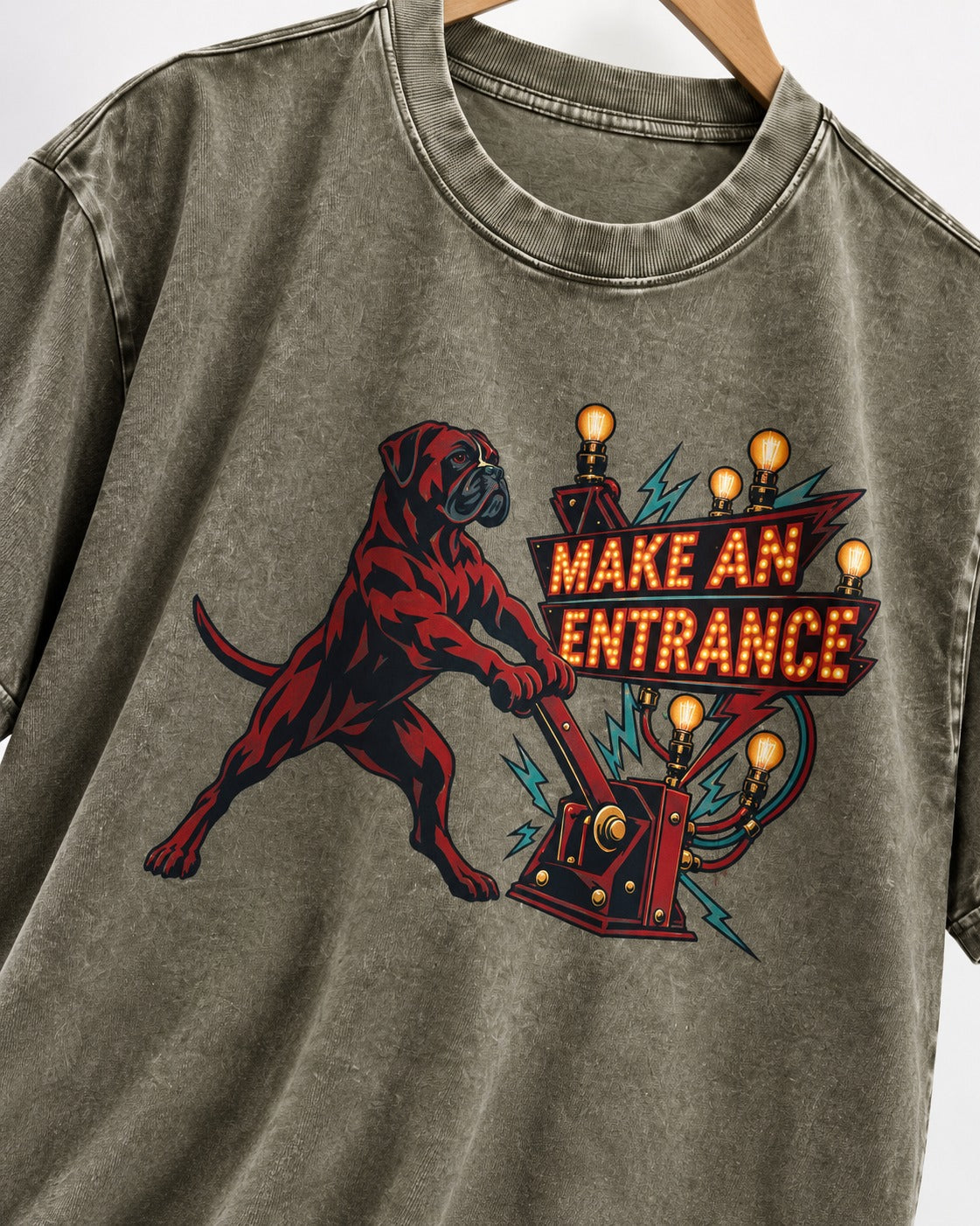 Boxer Make an Entrance Washed Tee in Army Green, close-up of the graphic
