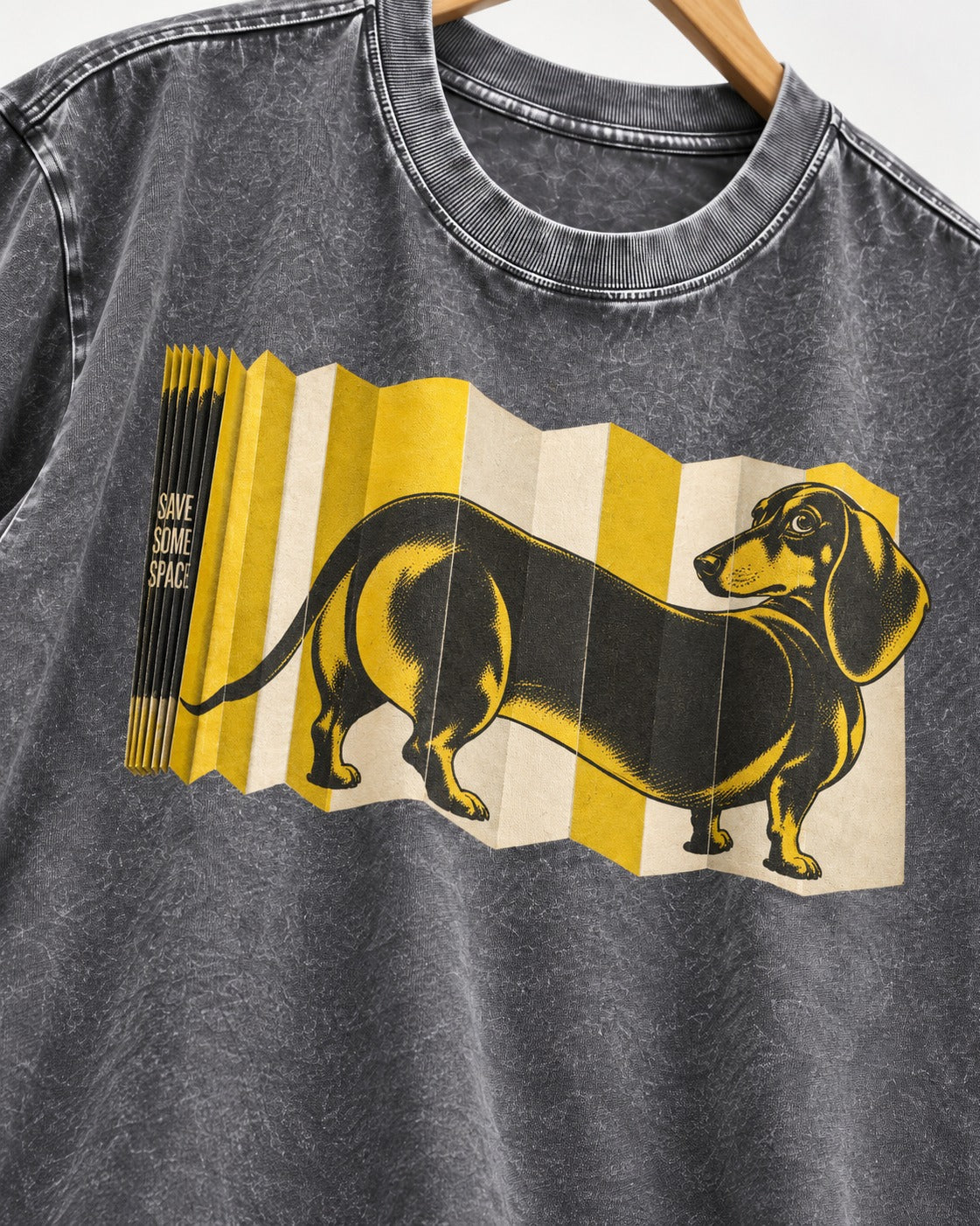 Dachshund Save Some Space Accordion Screen Graphic Washed Tee in Gray, close-up of the graphic