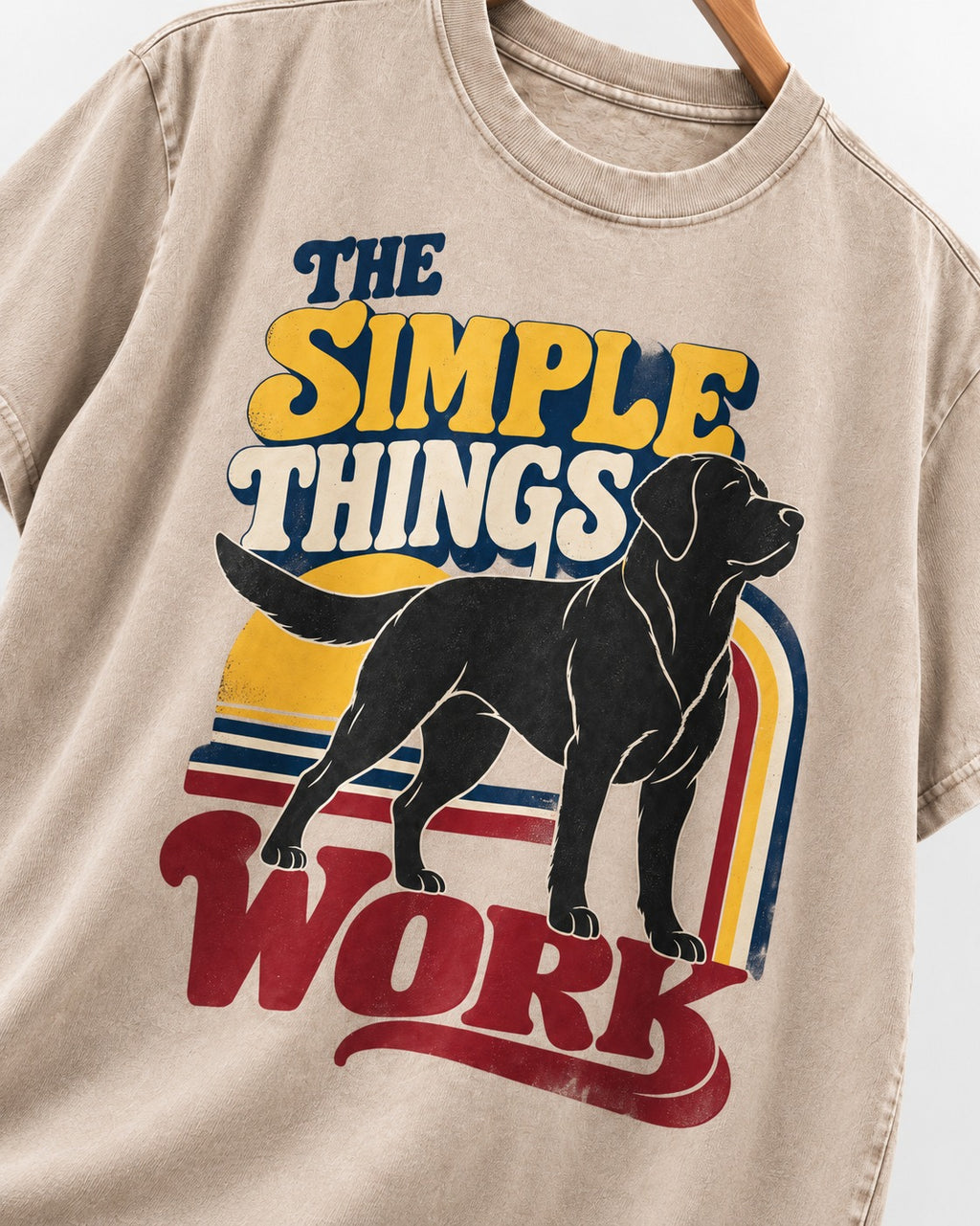The Simple Things Work Labrador Retriever Washed Tee in Apricot, close-up of the graphic