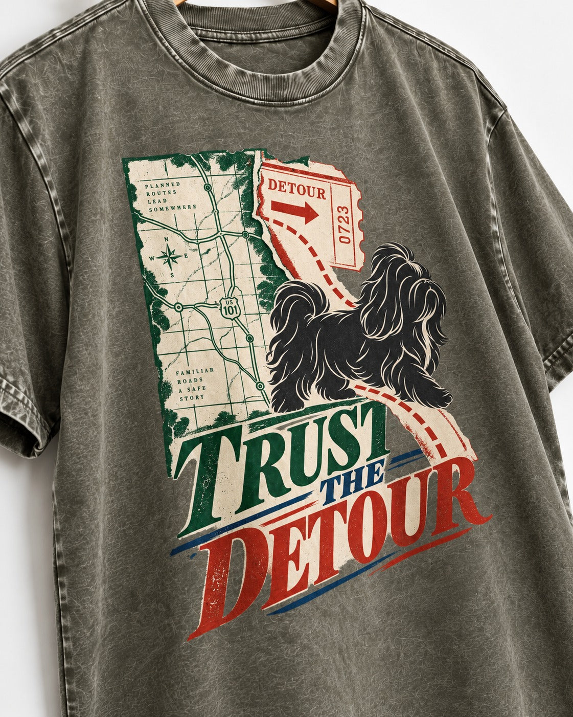Shih Tzu Trust the Detour Road Map Graphic Washed Tee in Army Green, close-up of the graphic