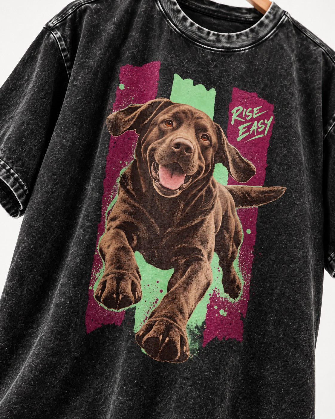 Labrador Retriever Rise Easy Running Chocolate Lab Graphic Washed Tee in Black, close-up of the graphic