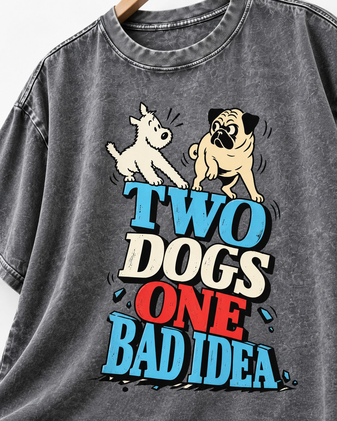 Pug Two Dogs One Bad Idea Graphic Washed Tee in Gray, close-up of the graphic