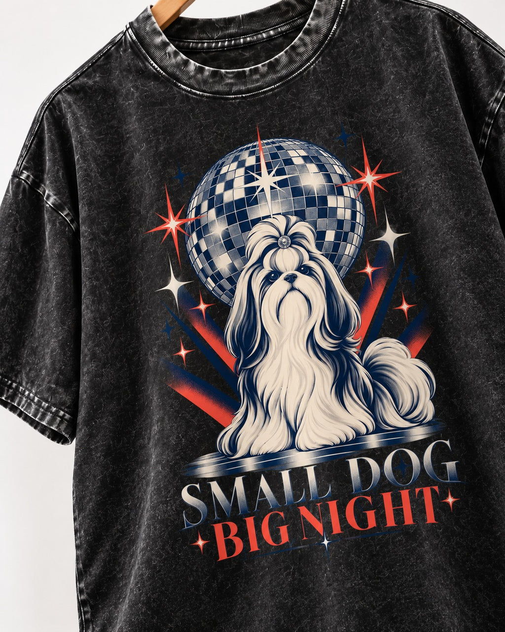 Shih Tzu Small Dog Big Night Disco Graphic Washed Tee in Black, close-up of the graphic
