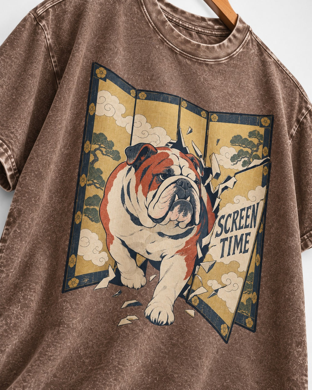 English Bulldog Screen Time Washed Tee in Coffee, close-up of the graphic