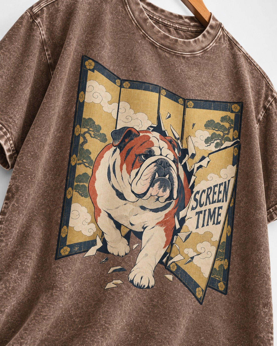 English Bulldog Screen Time Washed Tee in Coffee, close-up of the graphic