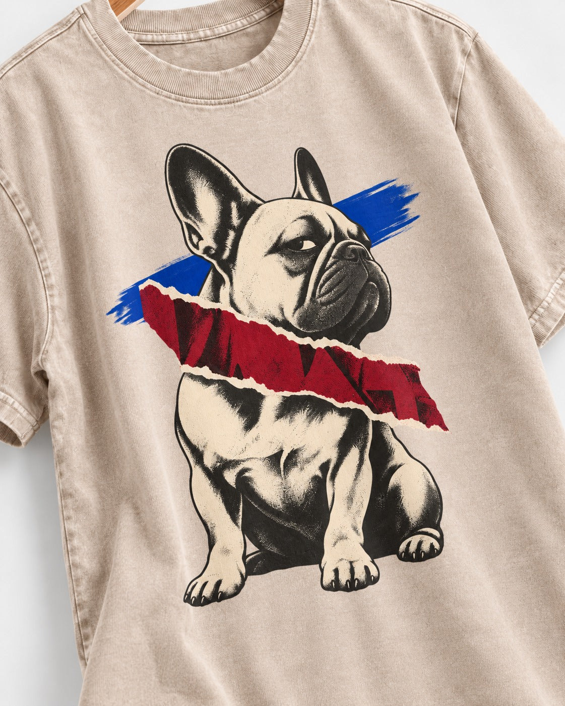 Frenchie Punk Washed Tee in Apricot, close-up of the graphic