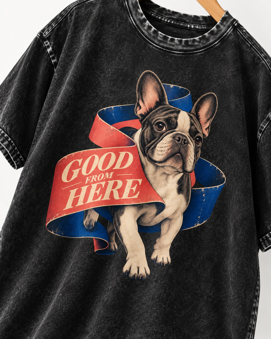 Frenchie Good From Here Ribbon Graphic Washed Tee in Black, close-up of the graphic