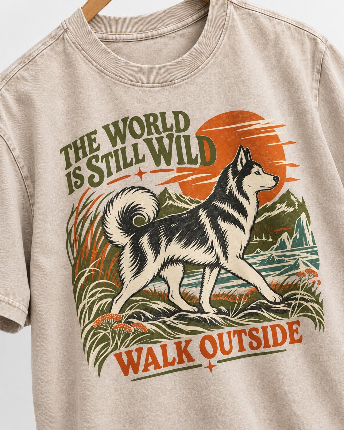 Walk Outside with Husky Washed Tee in Apricot, close-up of the graphic