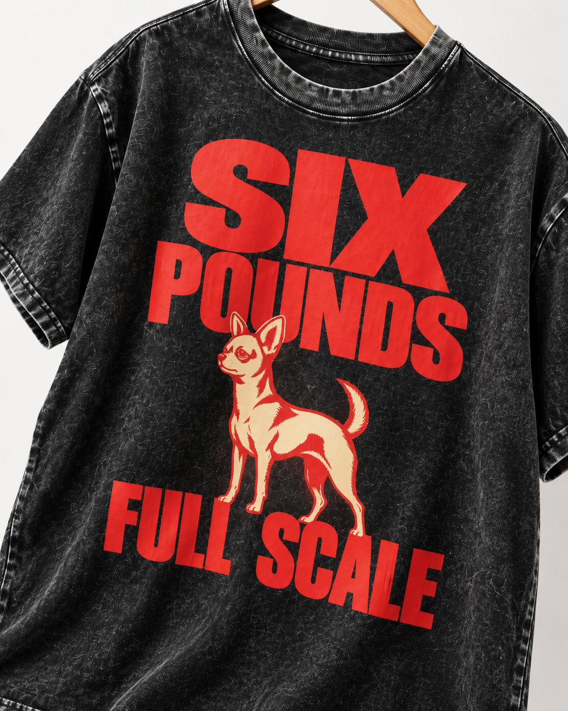 Chihuahua Six Pounds Full Scale Typographic Graphic Washed Tee in Black, close-up of the graphic