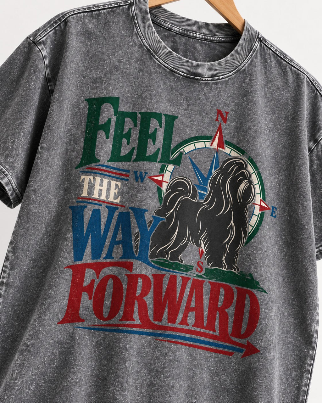 Shih Tzu Feel the Way Forward Compass Graphic Washed Tee in Gray, close-up of the graphic