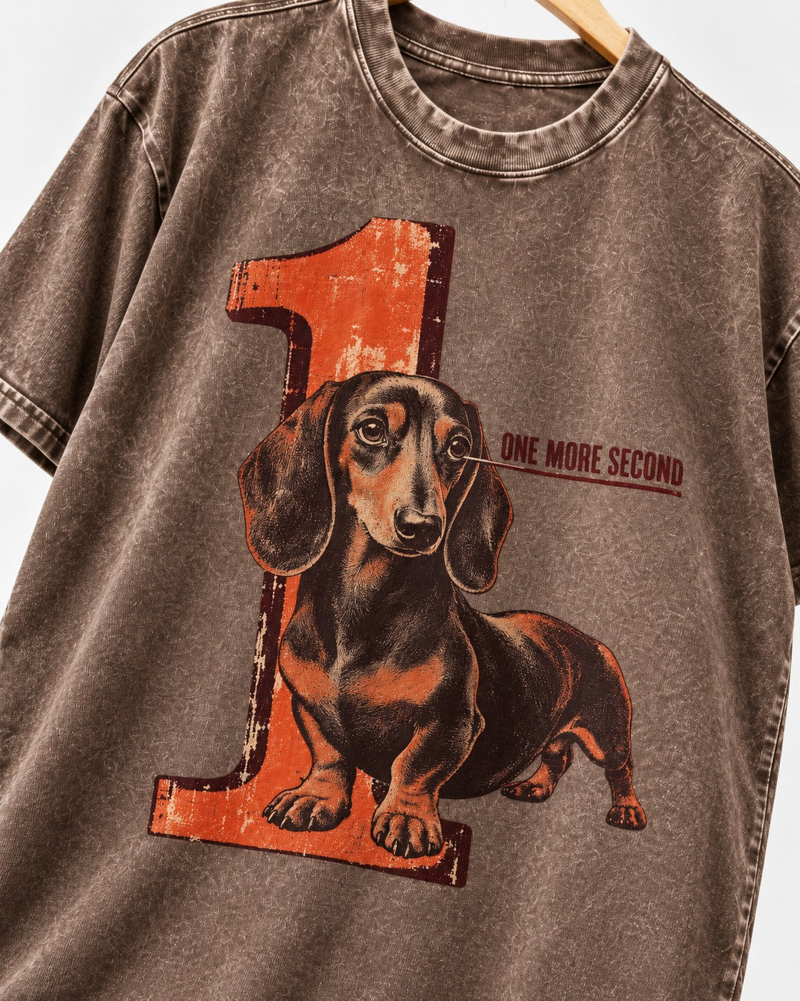 One More Second Dachshund Washed Tee in Coffee, close-up of the graphic