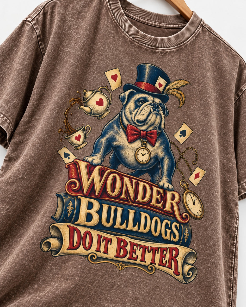 Wonder English Bulldog Washed Tee in Coffee, close-up of the graphic