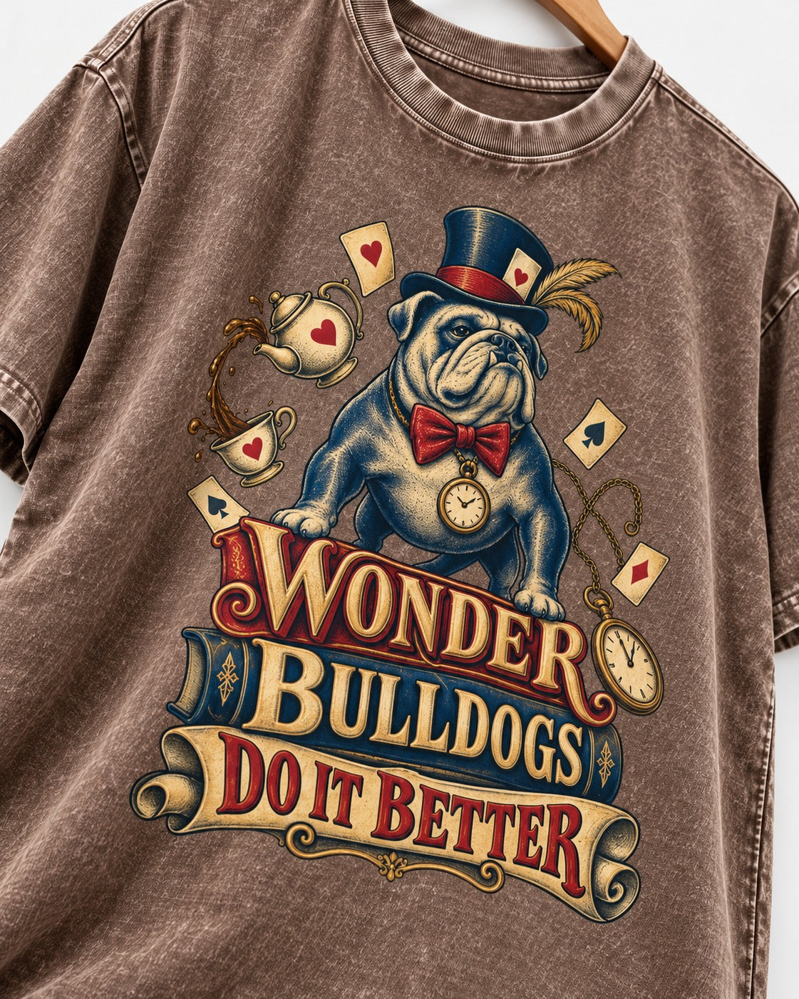 Wonder English Bulldog Washed Tee in Coffee, close-up of the graphic