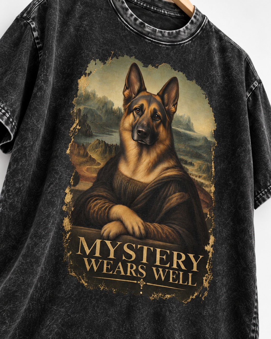 German Shepherd Dog Mystery Wears Well Renaissance Portrait Washed Tee in Black, close-up of the graphic