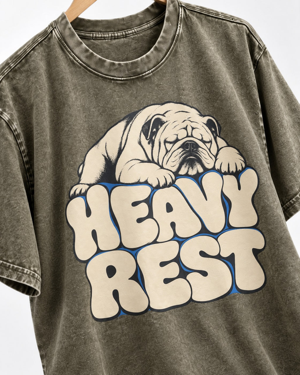 English Bulldog Heavy Rest Graphic Washed Tee in Army Green, close-up of the graphic