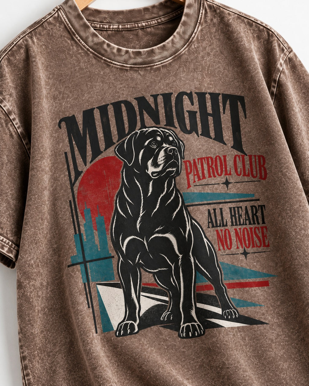 Rottweiler Midnight Patrol Club Washed Tee in Coffee, close-up of the graphic