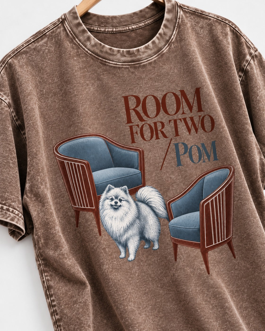 Room for Two with Pomeranian Washed Tee in Coffee, close-up of the graphic