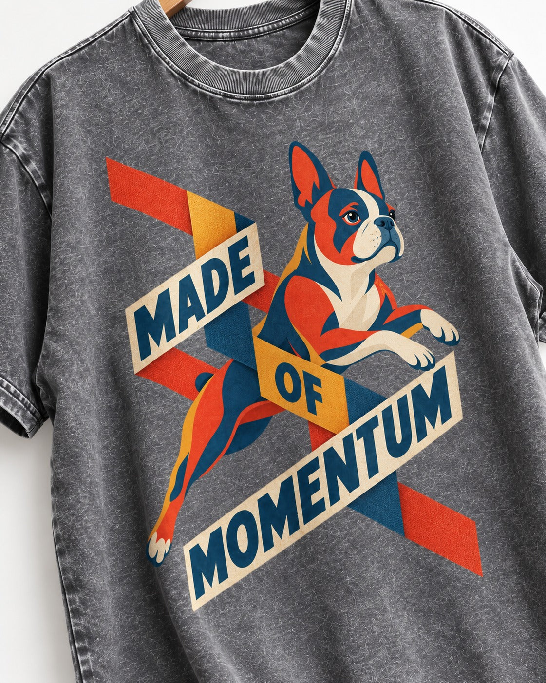 Made of Momentum Boston Terrier Washed Tee in Gray, close-up of the graphic