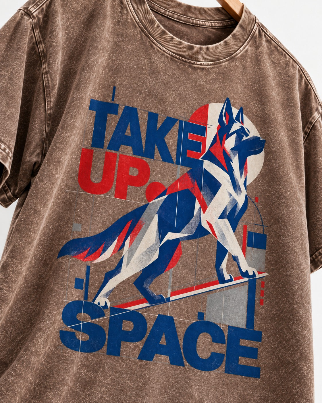 Take Up Space German Shepherd Dog Washed Tee in Coffee, close-up of the graphic