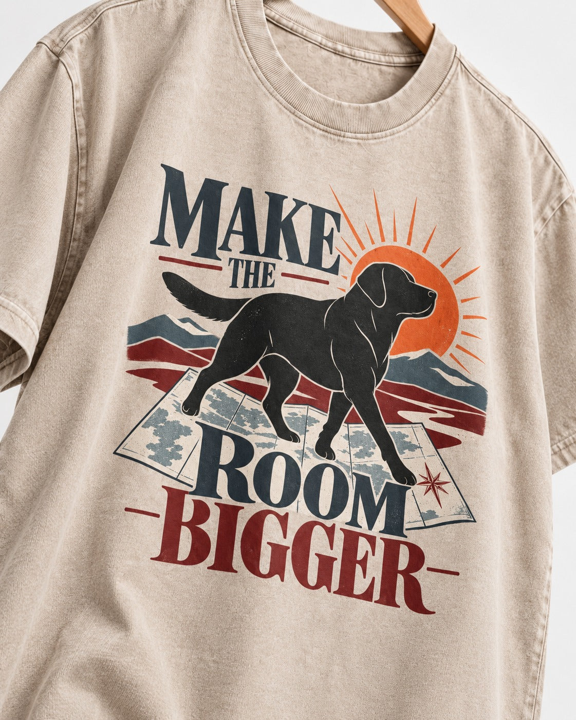 Make the Room Bigger Labrador Retriever Washed Tee in Apricot, close-up of the graphic