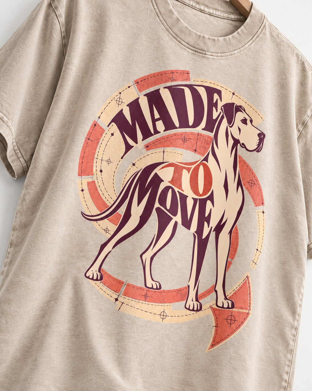 Great Dane Made to Move Washed Tee in Apricot, close-up of the graphic