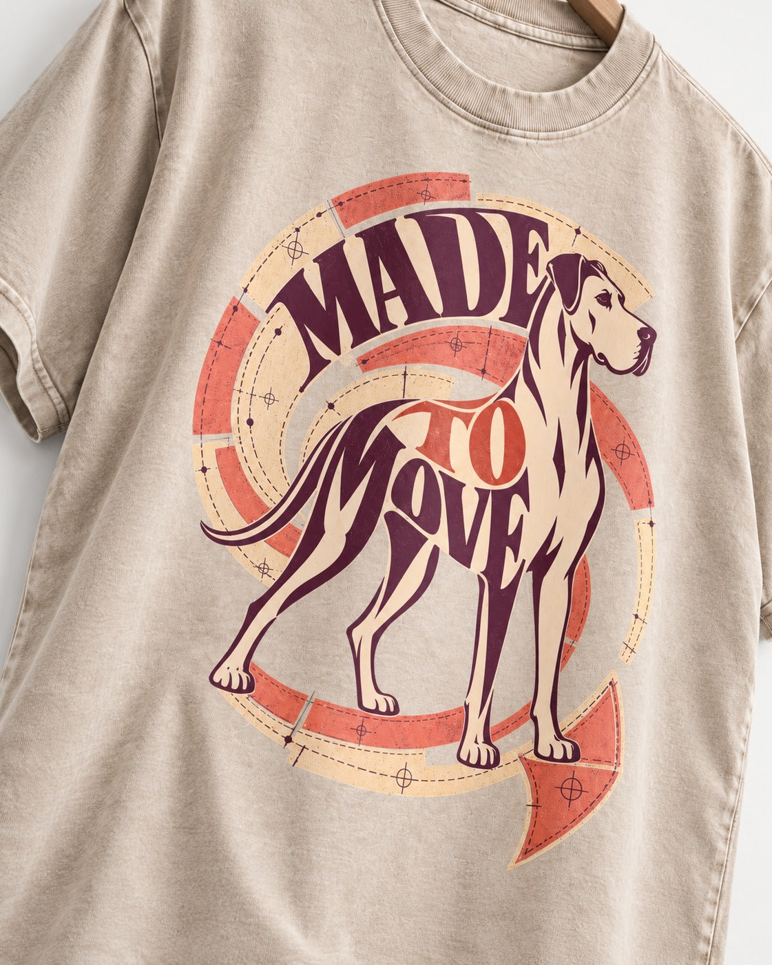 Great Dane Made to Move Washed Tee in Apricot, close-up of the graphic