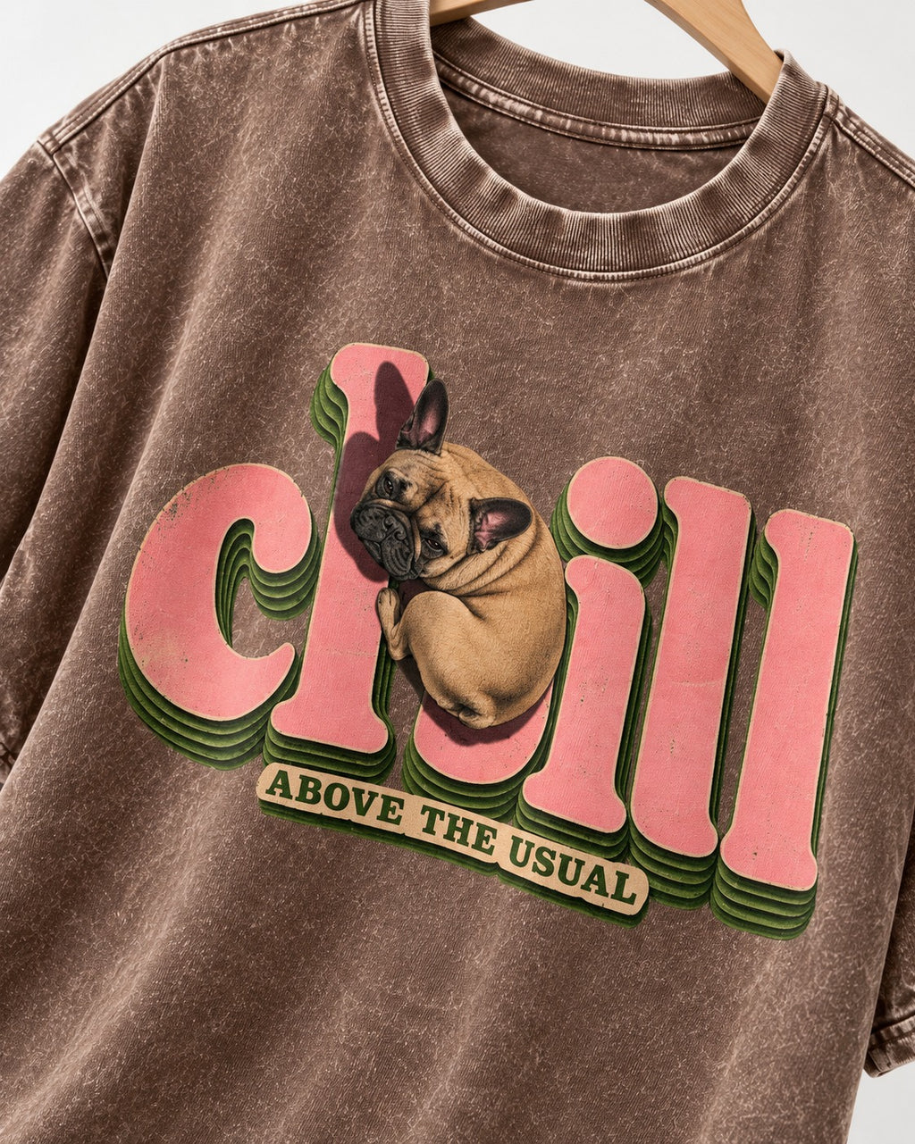 Frenchie Chill Washed Tee in Coffee, close-up of the graphic
