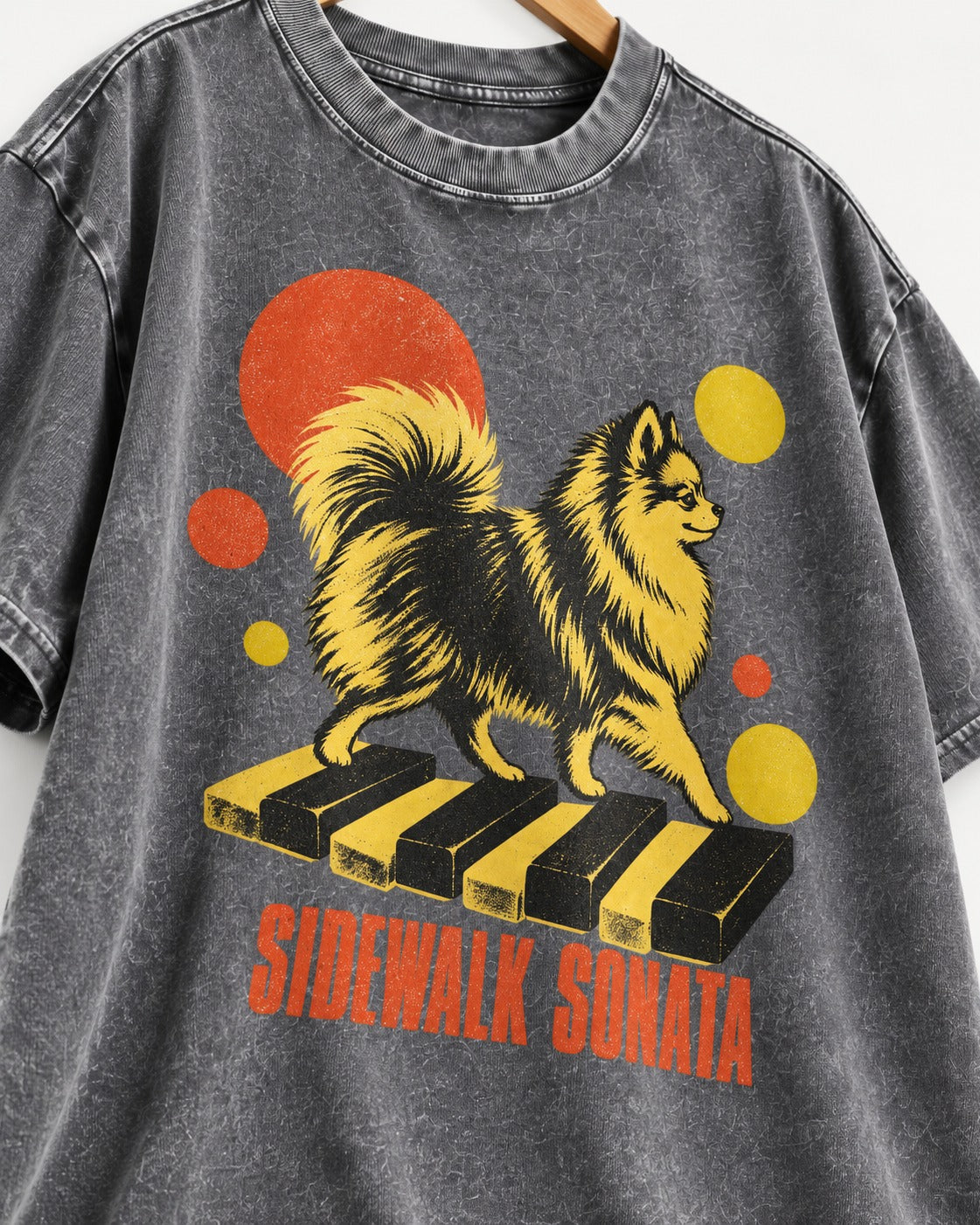 Pomeranian Sidewalk Sonata Piano Graphic Washed Tee in Gray, close-up of the graphic
