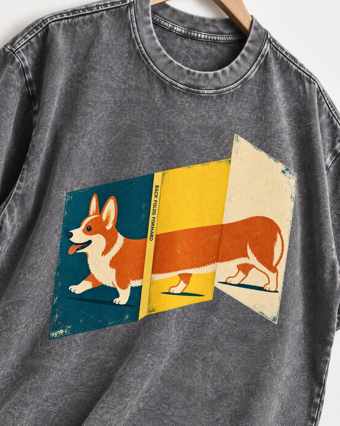 Corgi Back Folds Forward Panels Washed Tee in Gray, close-up of the graphic