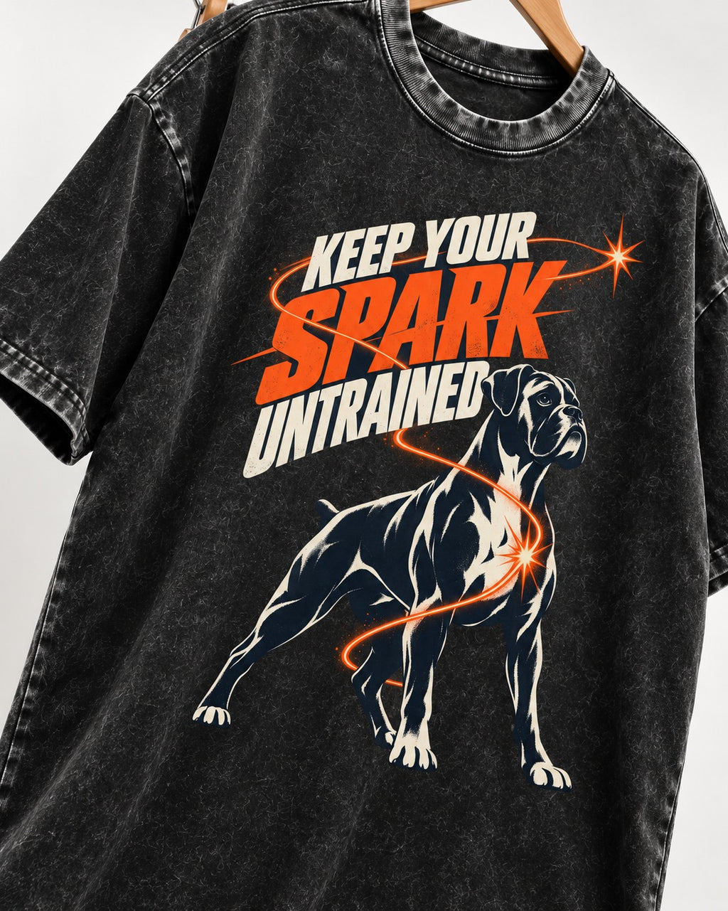 Boxer Keep Your Spark Untrained Washed Tee in Black, close-up of the graphic