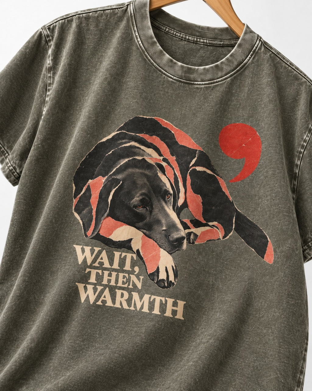 Labrador Retriever Wait Then Warmth Blanket Pause Graphic Washed Tee in Army Green, close-up of the graphic
