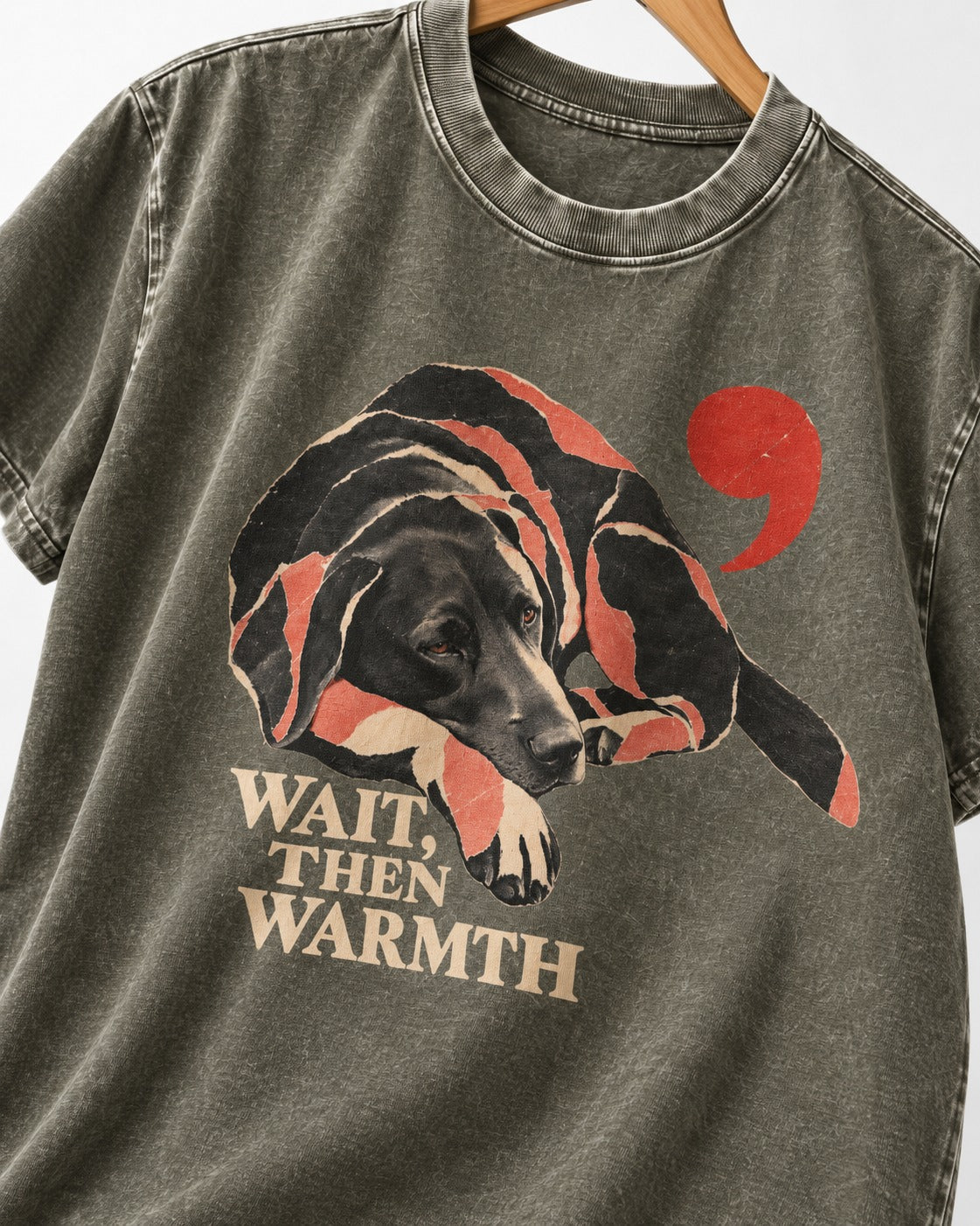Labrador Retriever Wait Then Warmth Blanket Pause Graphic Washed Tee in Army Green, close-up of the graphic