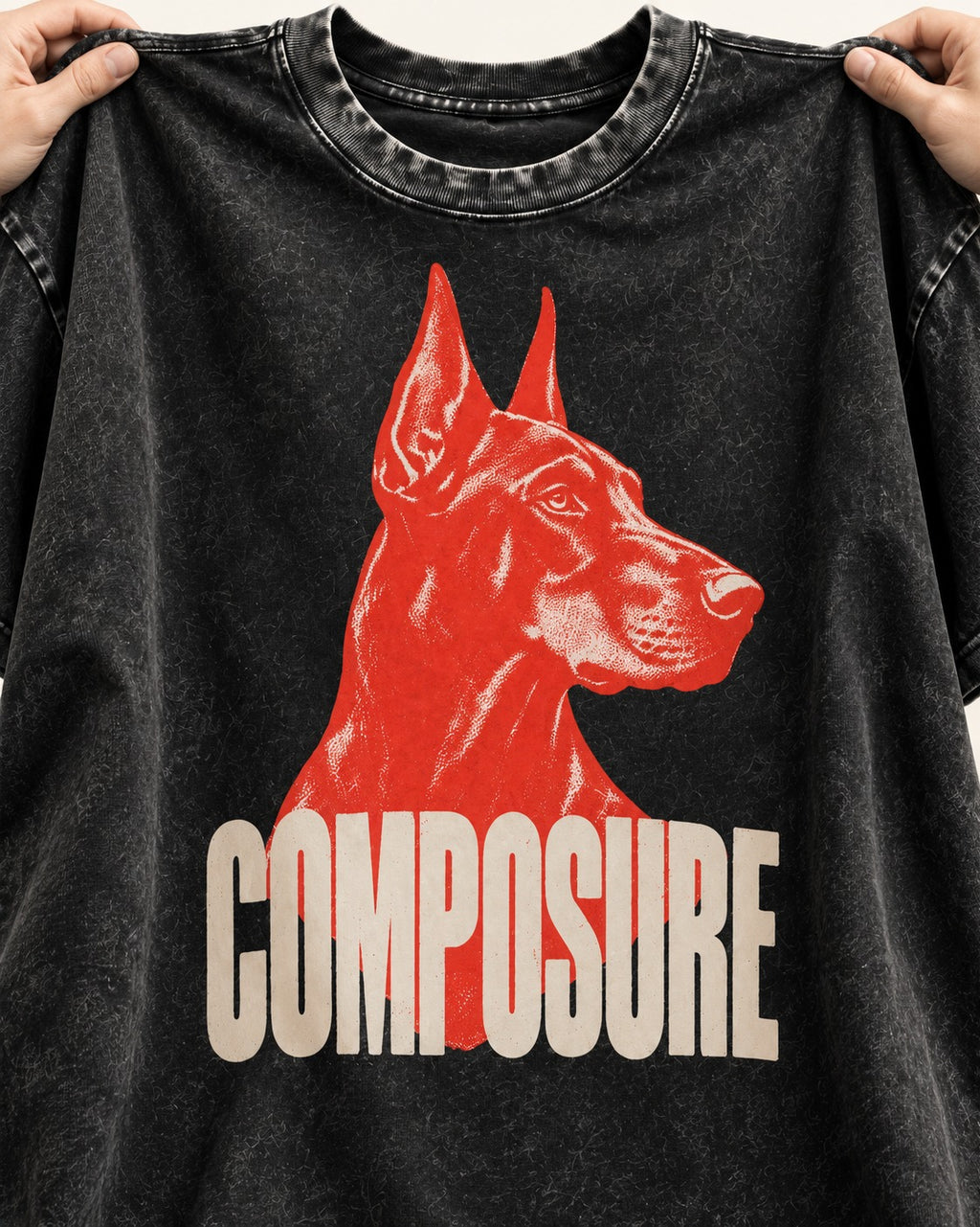 Doberman Composure Portrait Graphic Washed Tee in Black, close-up of the graphic