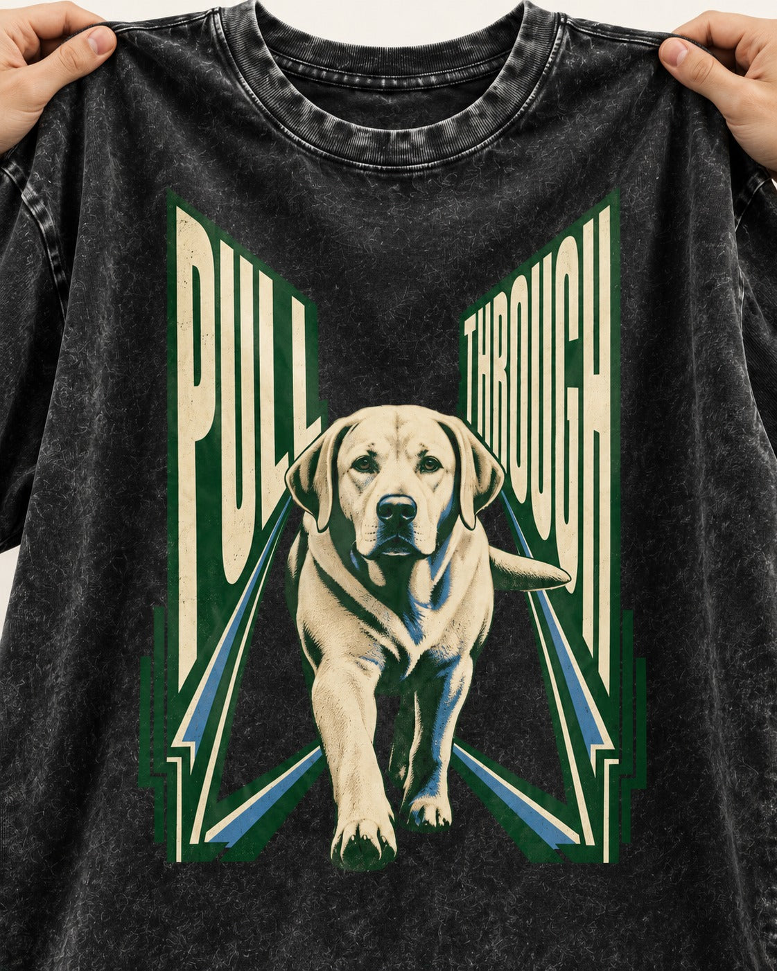Labrador Retriever Pull Through Perspective Graphic Washed Tee in Black, close-up of the graphic