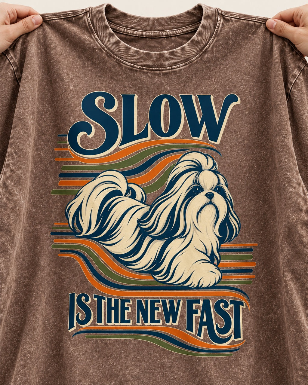 Slow Is Fast Shih Tzu Washed Tee in Coffee, close-up of the graphic