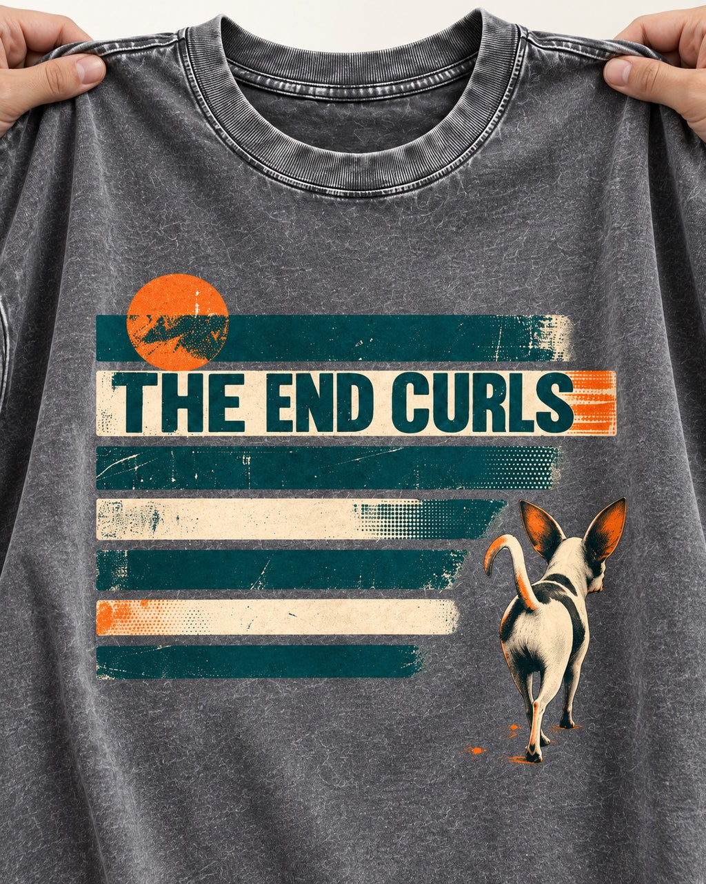 Chihuahua The End Curls Retro Stripe Graphic Washed Tee in Gray, close-up of the graphic