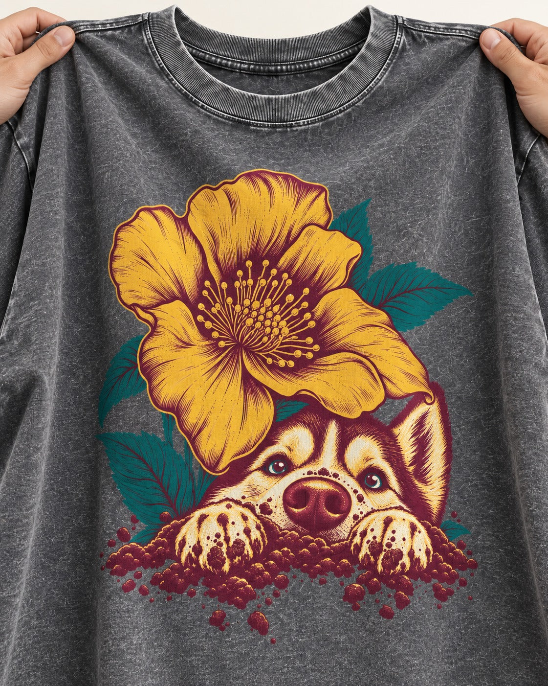Husky Flower Witness Peeking Floral Graphic Washed Tee in Gray, close-up of the graphic