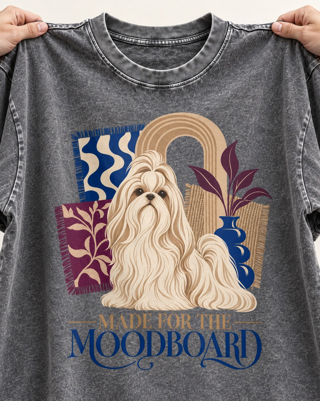 Shih Tzu Made for the Moodboard Boho Interior Graphic Washed Tee in Gray, close-up of the graphic