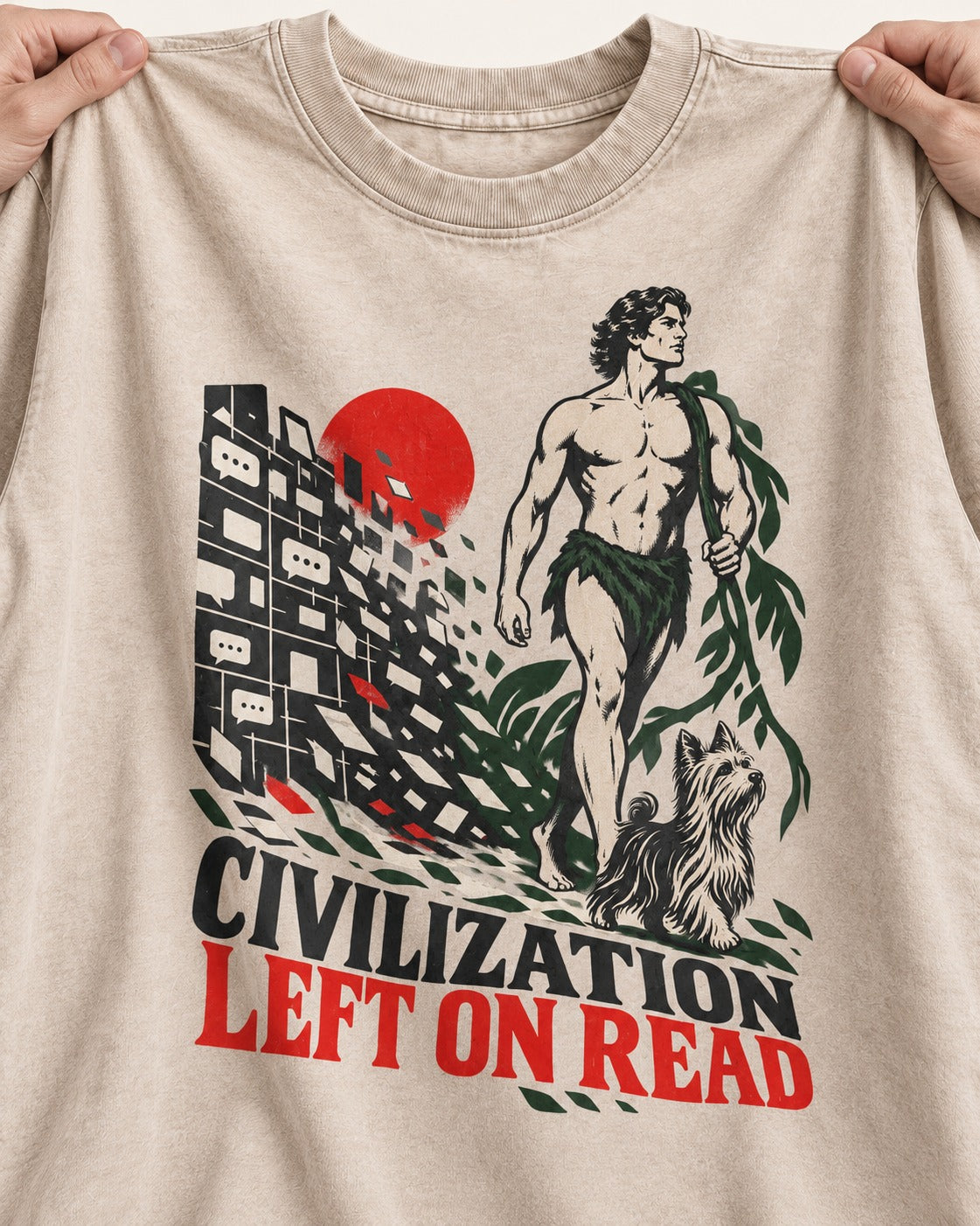 Yorkshire Terrier Left Civilization on Read Washed Tee in Apricot, close-up of the graphic