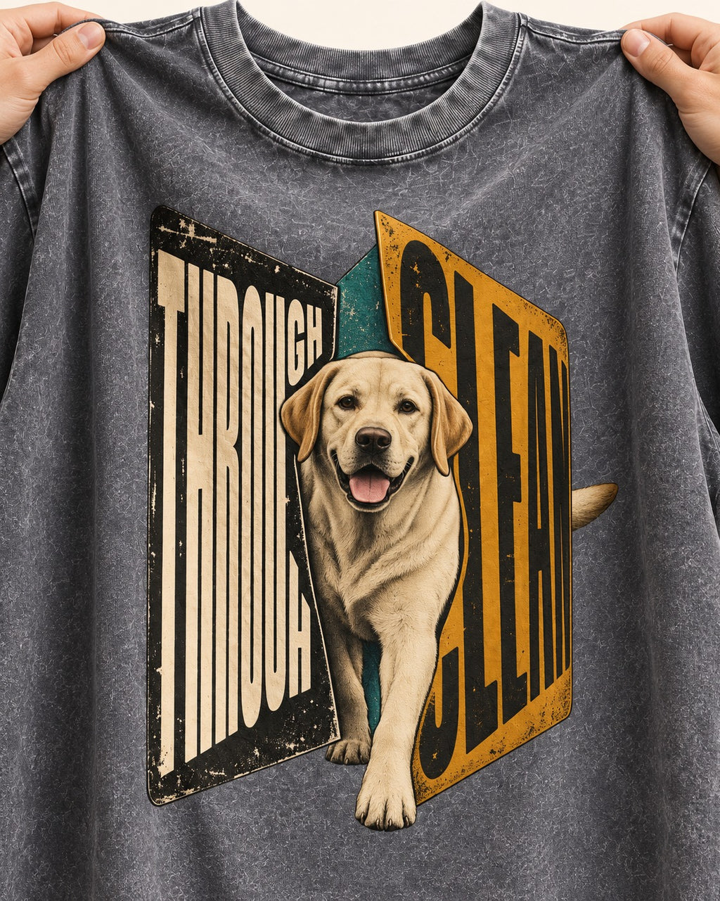 Labrador Retriever Through Steel Split Sign Graphic Washed Tee in Gray, close-up of the graphic