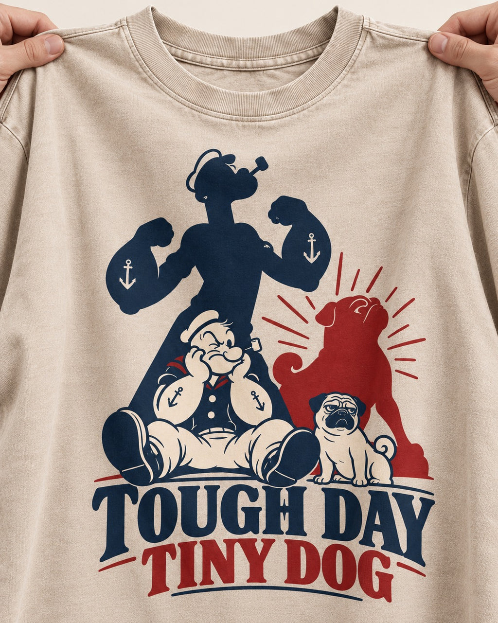 Tough Day Tiny Pug Washed Tee in Apricot, close-up of the graphic