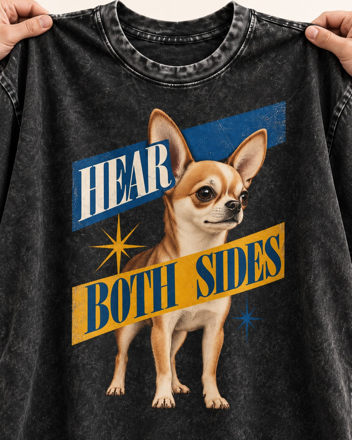 Chihuahua Hear Both Sides Banner Graphic Washed Tee in Black, close-up of the graphic