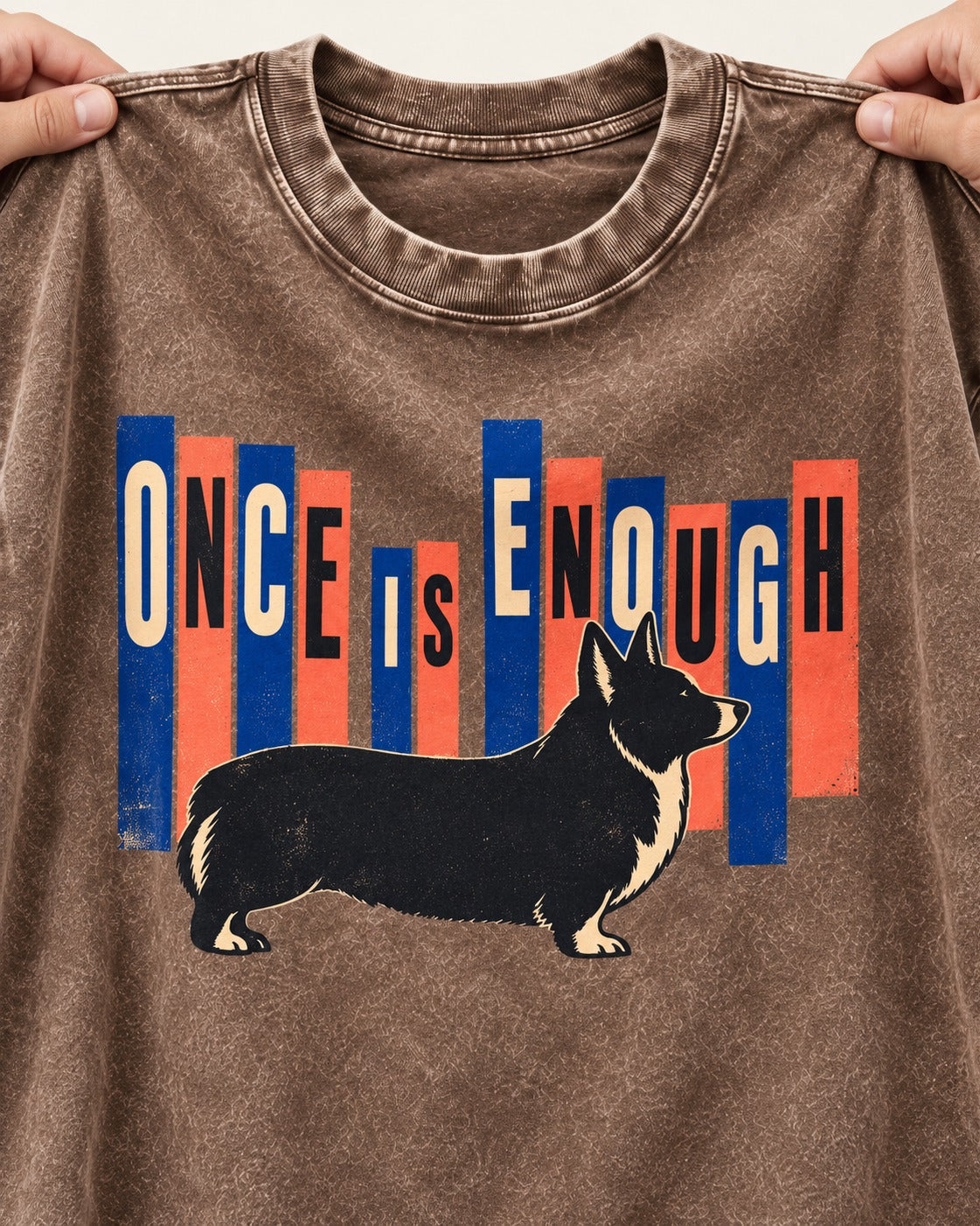 Corgi Once Is Enough Washed Tee in Coffee, close-up of the graphic