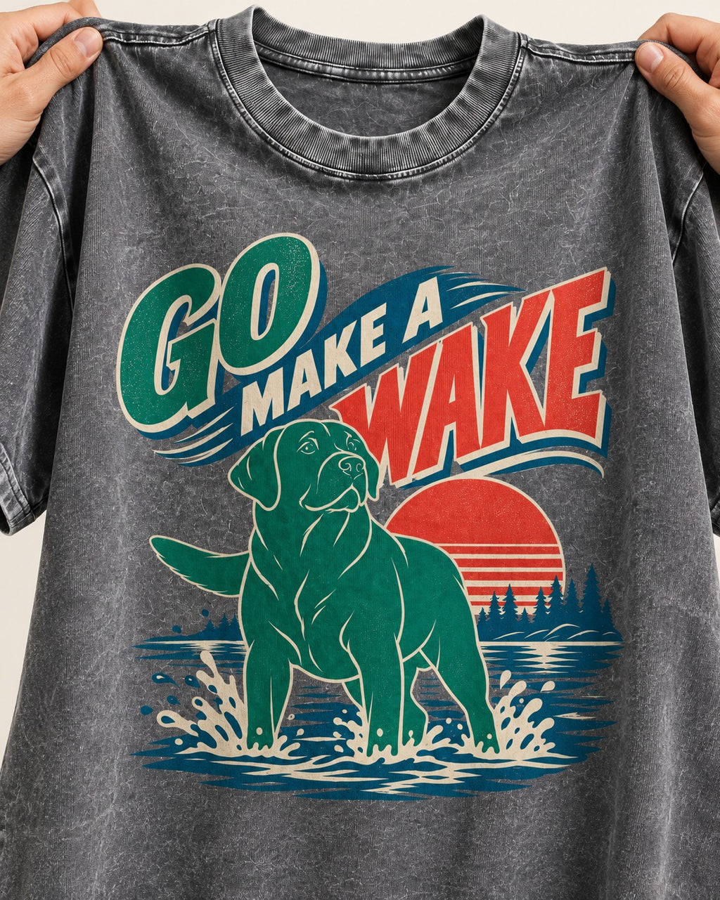 Labrador Retriever Go Make a Wake Lake Graphic Washed Tee in Gray, close-up of the graphic