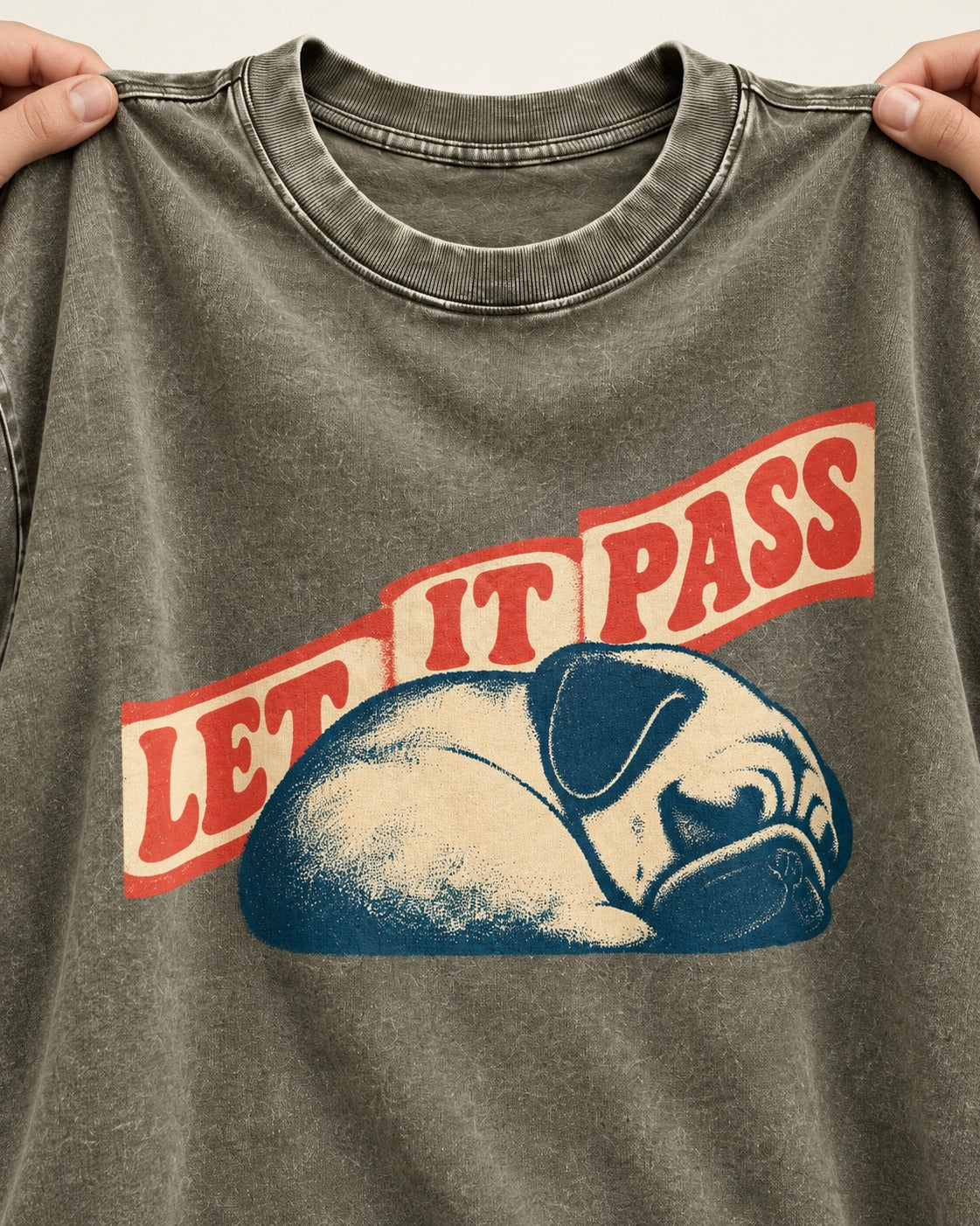 Pug Let It Pass Sleeping Banner Graphic Washed Tee in Army Green, close-up of the graphic