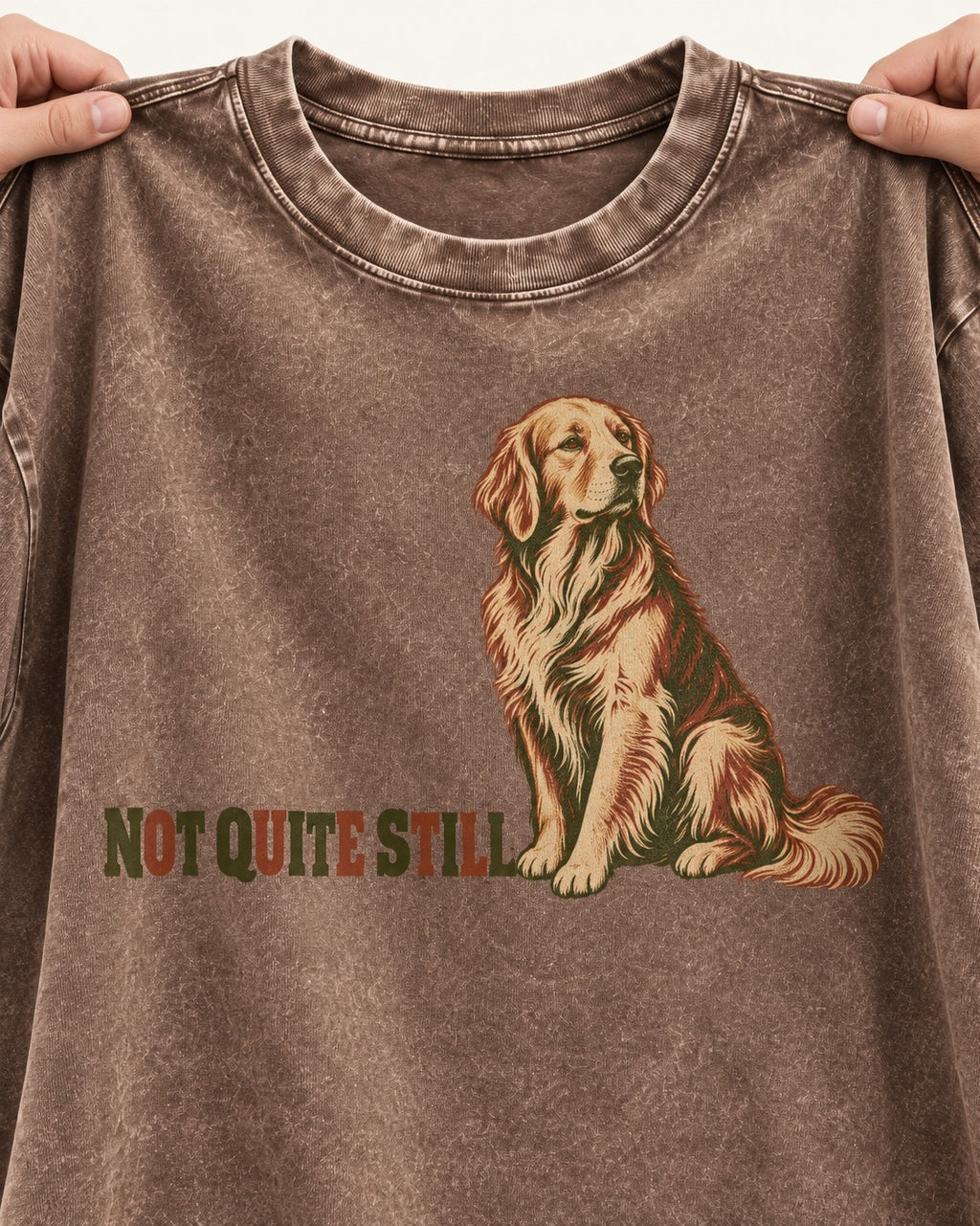 Golden Retriever Not Quite Still Washed Tee in Coffee, close-up of the graphic